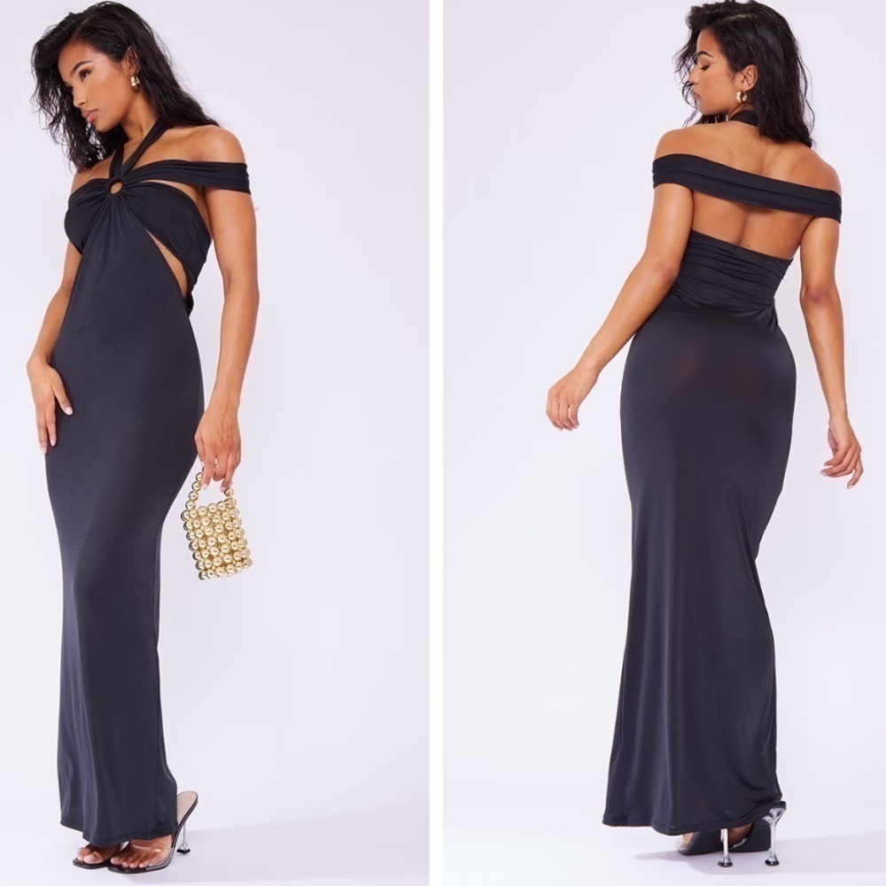 Pretty Little Thing‎ Slinky Ring Detail Cut Out Bardot Maxi Dress Size 10 NWT